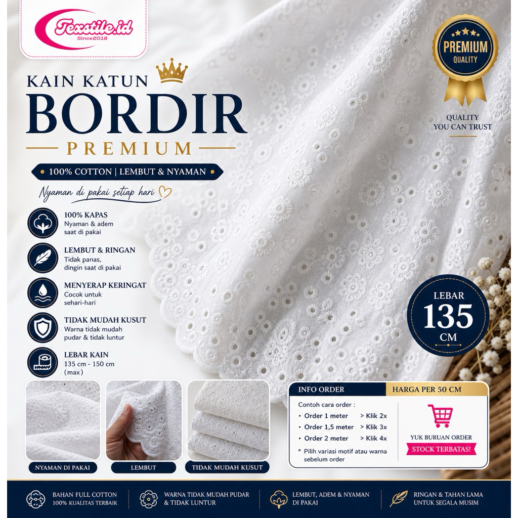 Bahan Katun Bordir Premium ~ Kain Katun Bordir Import ~ Bahan Meteran Katun Bordir (harga 0,5 meter)