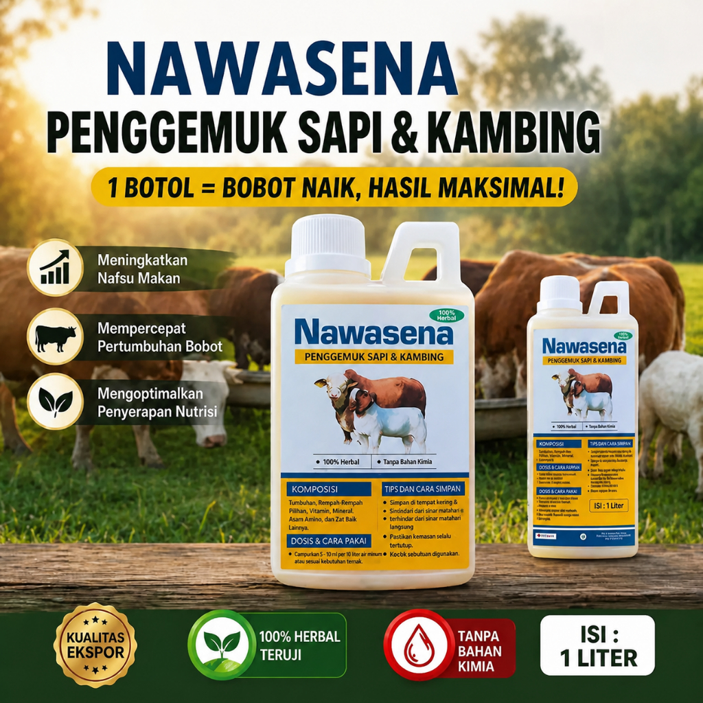 NAWASENA Obat Penggemuk Sapi & Kambing Tercepat – Bobot Naik Maksimal Nafsu Makan Naik 100% Herbal