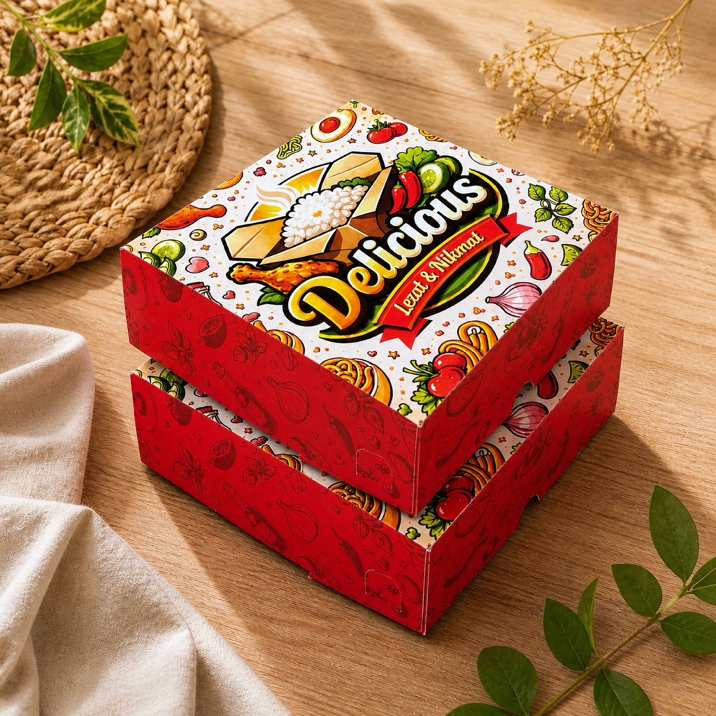 DUS NASI MOTIF DELICIOUS MERAH UKURAN 20X20