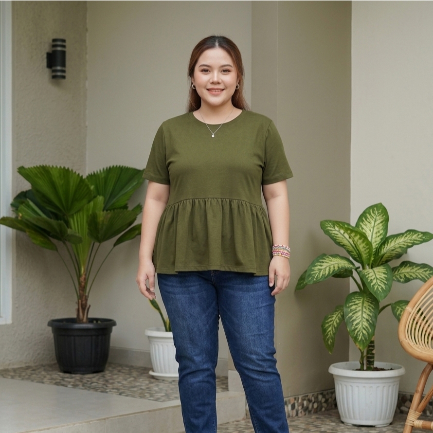 Blouse Wanita Baby Doll Kerut Bawah Atasan Kaos Casual Santai Lengan Pendek Big Size Jumbo L-7XL