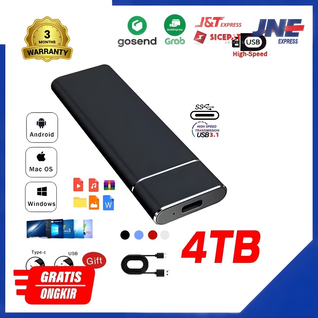 SSD Eksternal 1TB/2TB/4TB USB 3.0 Type-C Super Cepat – SSD Portable Laptop PC HP Solid State Drive