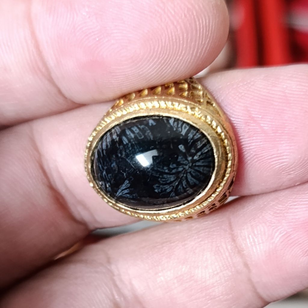 CA 96 Cincin Batu Akik Natural motif teratai Hitam Kembang Tembus Senter