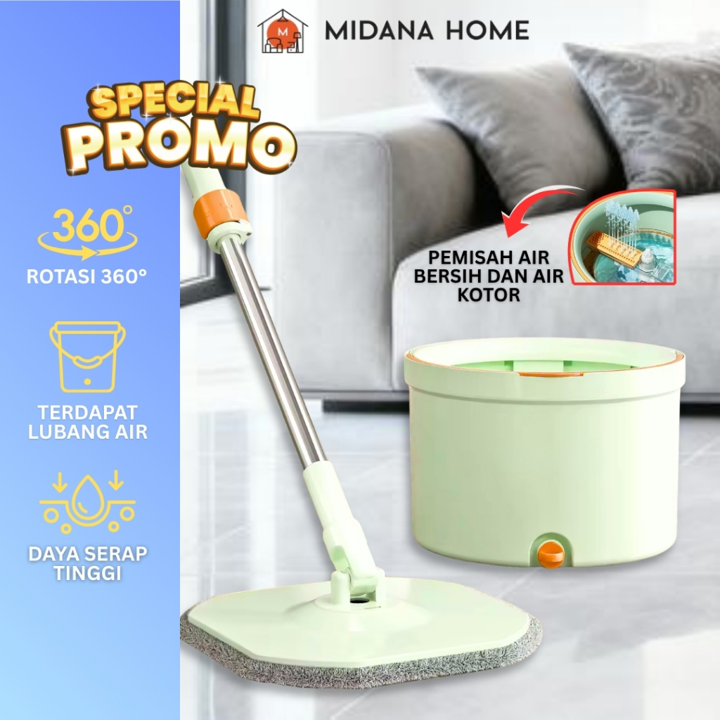 Alat Pel Putar Mop Bulat Spin Mop Bulat Kotak - Alat pel Pembersih Lantai Spin Mop  Ember Terpisah P