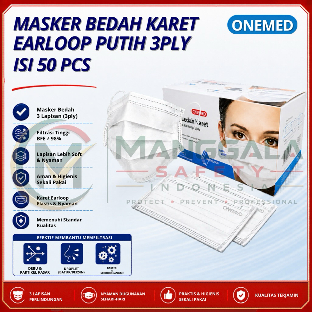 1 Karton ONEMED Masker Bedah Karet 3ply - EARLOOP, 1 Karton isi 20 box