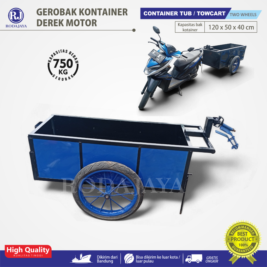 TOW CART container / gerobak sampah derek / Gerobak kontainer derek motor ukuran 120x50x40 cm / cran