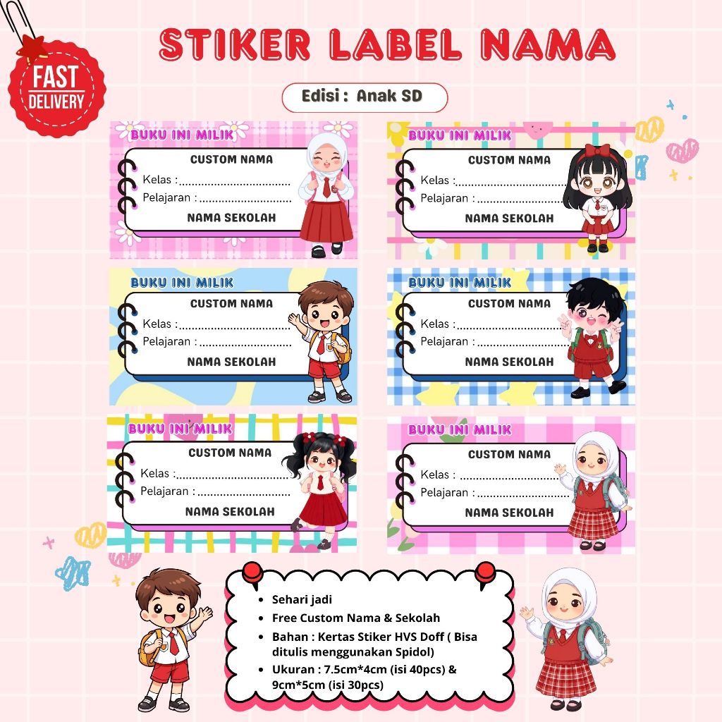 (40pcs) Custom Stiker Label Nama Buku I Stiker Label Tema Anak SD