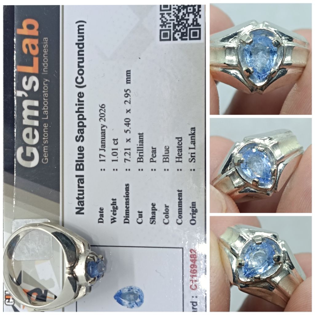 Natural Blue Sapphire Ceylon 1 ct memo GLI Safir Ring Perak
