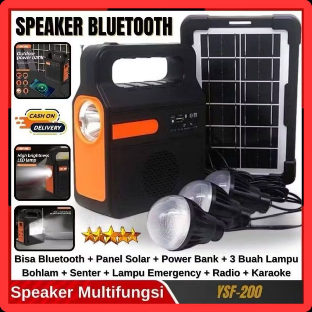 Speaker Bluetooth Multifungsi YSF-200 Solar Panel + Powerbank + 3 Lampu Bohlam Senter Radio Karaoke 