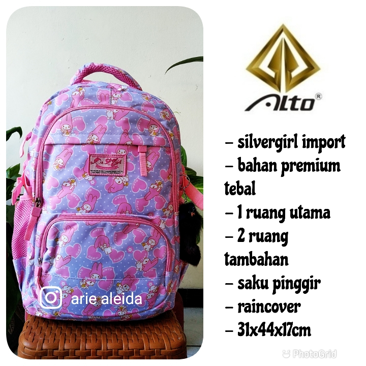 Tas Sekolah Anak Perempuan Tas ransel Silver Girl Import Ori Plus Raincover 72277