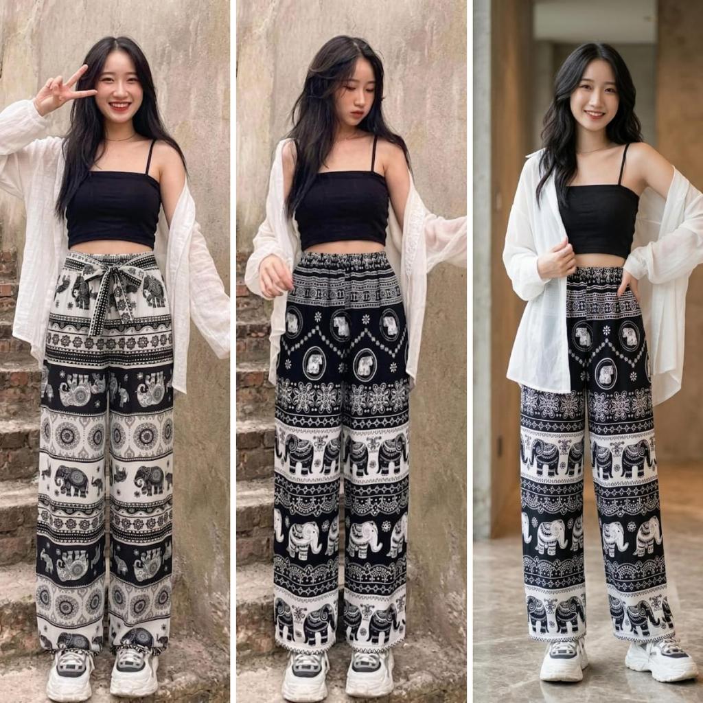 Celana Kulot Wanita Jumbo Rayon Motif Gajah Part 2 Kain Bali Nyaman Panjang - Gjh etnik hitam, Kulot