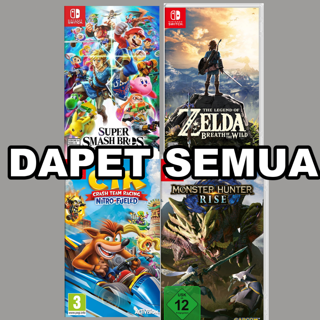 Zelda Breath of the wild BOTW, Super Smash Bros Ultimate, CTR Nitro Fueled, Monster Hunter Rise