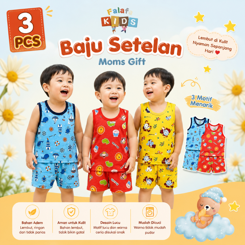 [ 3 Setel ] Setelan Moms Gift KUTUNG Setelan Kensi Anak Laki Laki Unisex Baju Main