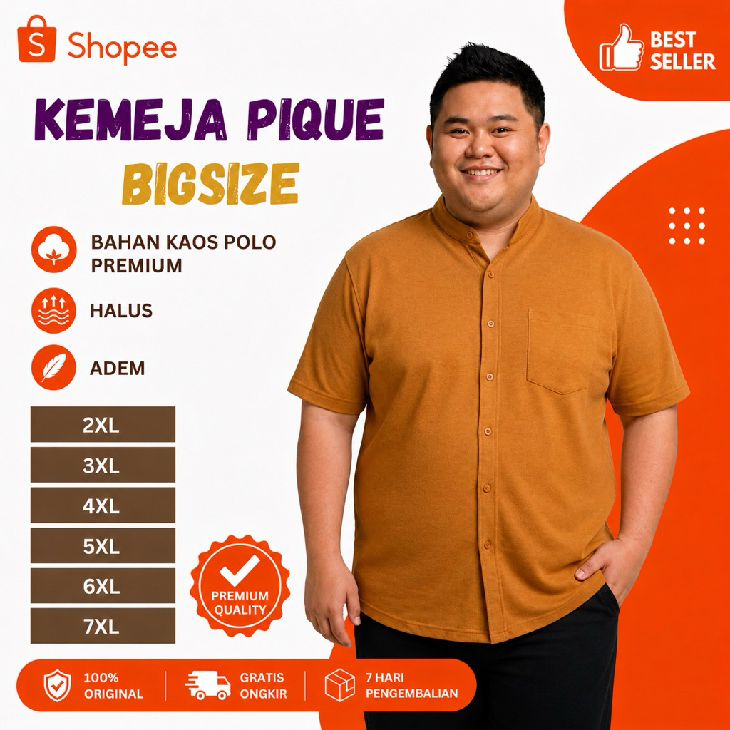 Kemeja Pique Kerah Shanghai Bahan Pique Premium Ukuran Jumbo XXL XXXL XXXXL 5XL 6XL 7XL