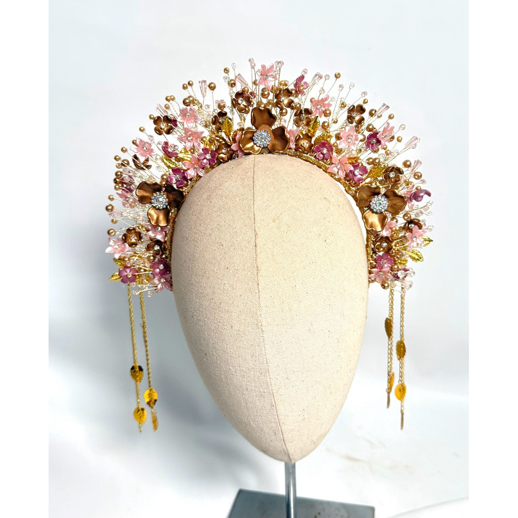 Mahkota wedding tiara melayu model volia bronze mix pink