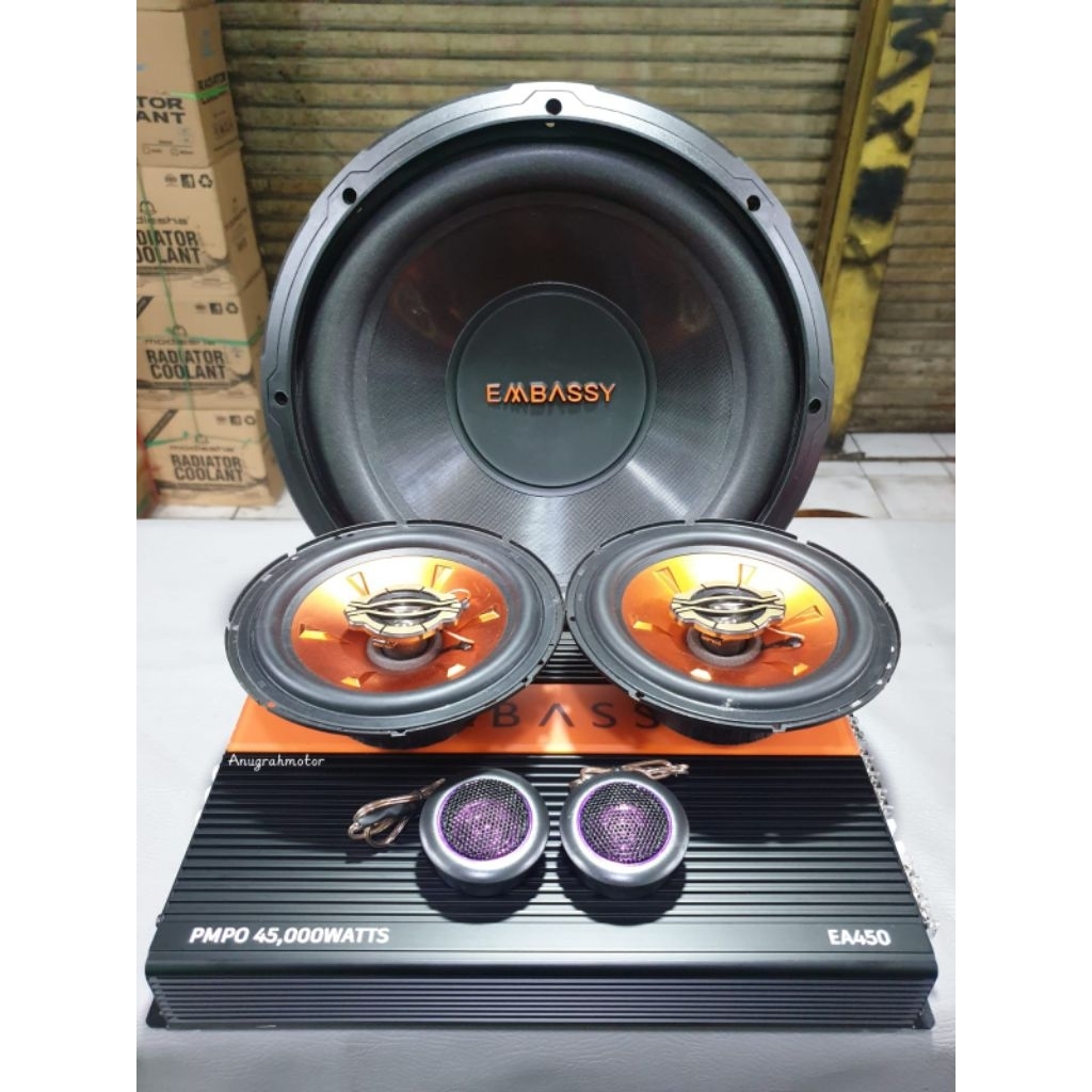 Paket audio mobil embassy power 4 Chanel + subwoofer 12 inch + speaker 6.5 inch