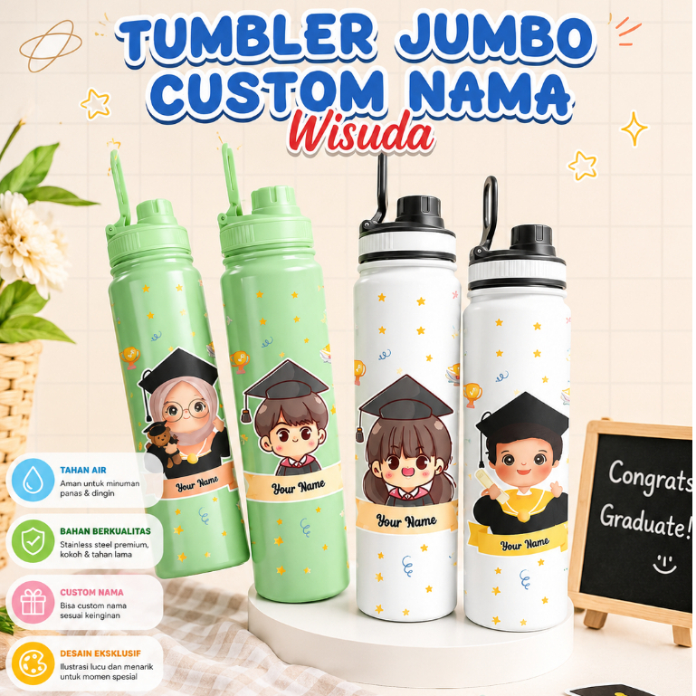 Tumbler Jumbo Custom Nama Tema Graduation Tema wisuda - Kado Souvenir Unik Lucu Sport Jumbo 1 Liter 