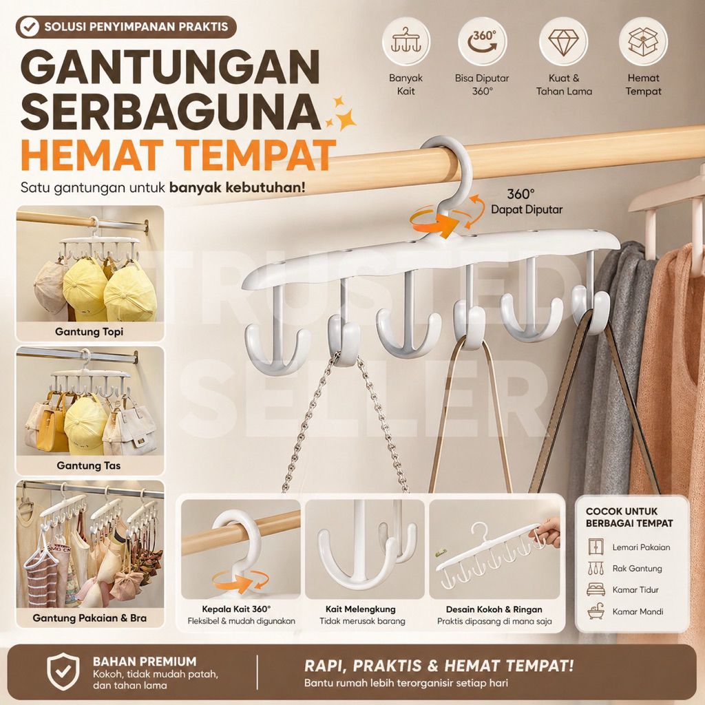 A29A HELLO_ALICE HANGER GANTUNGAN PLASTIK 12 HOOK SERBAGUNA KAIT PAKAIAN BH DASI TOPI DALAMAN CD AKS