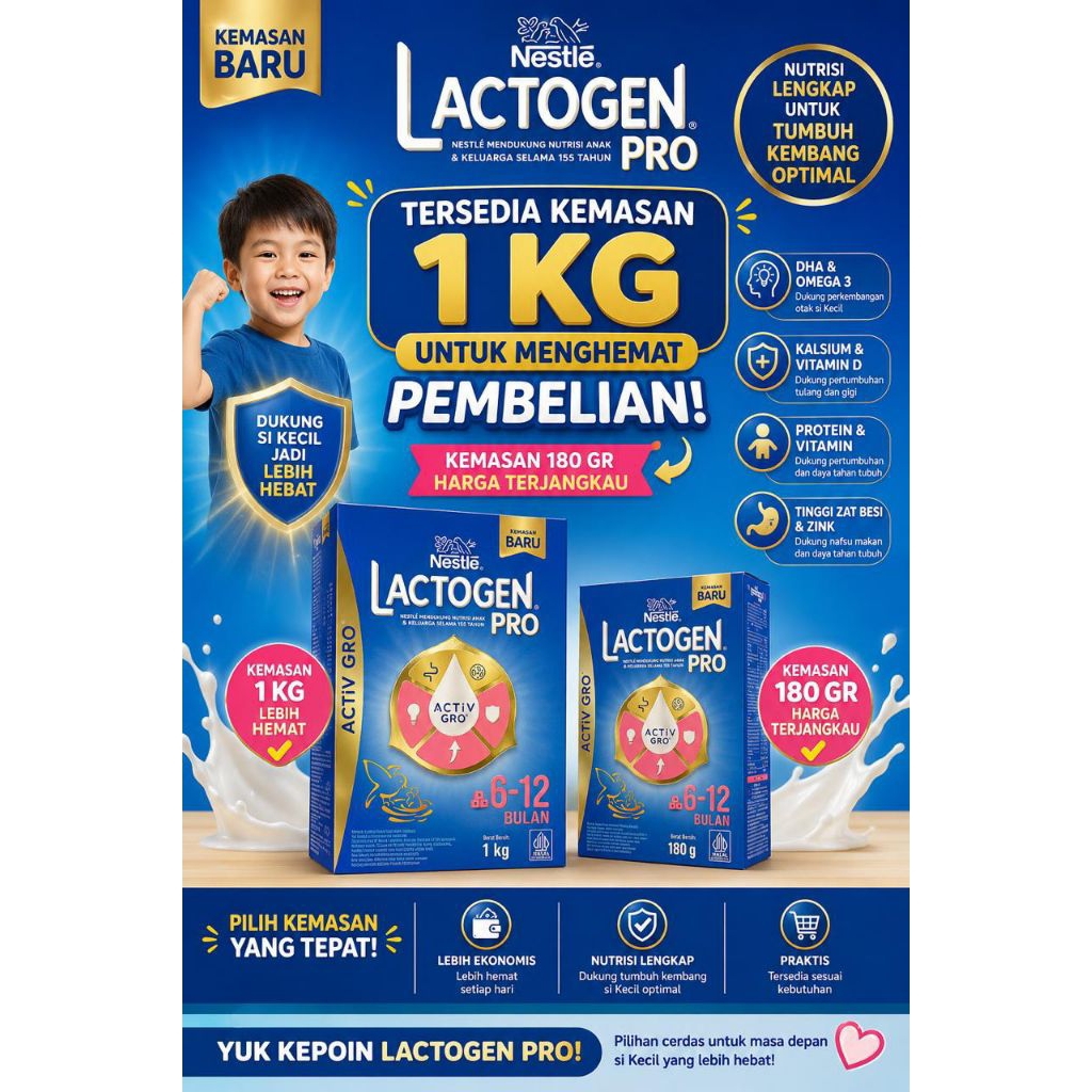 Susu Formula Lactogen Pro 6-12  Bulan 180g & 1 kg dengan Nutrisi Lengkap untuk Bayi