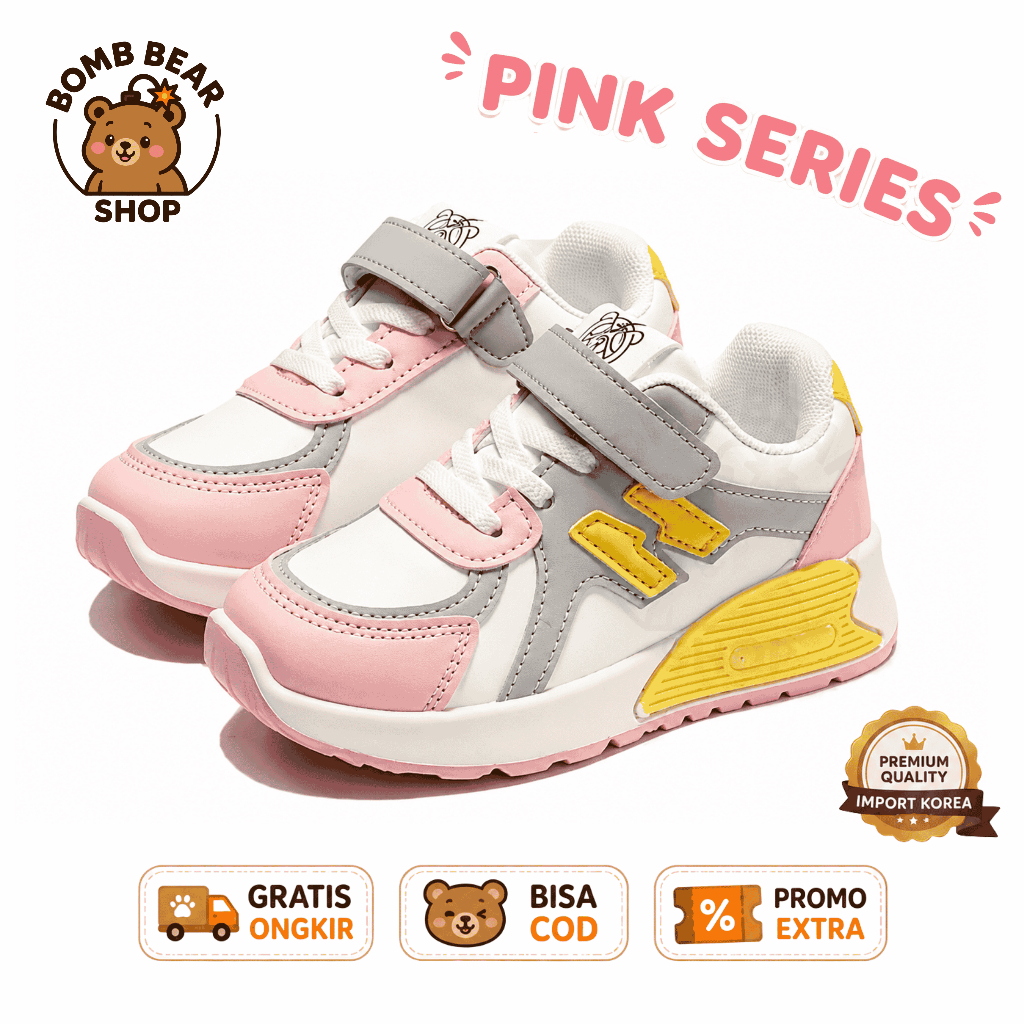 Bomb Bear - Sepatu Anak Perempuan Lucu Umur 3-12 Tahun | Sneakers Sport Sekolah PAUD, TK, SD | Fashi