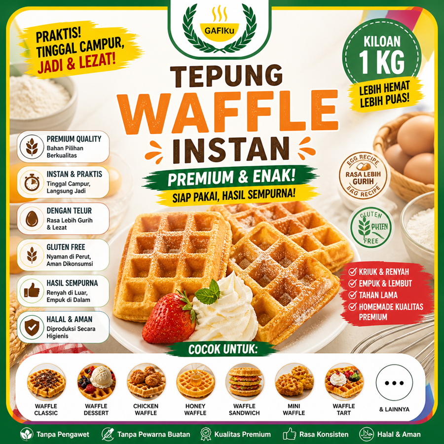 Tepung Waffle Instant 1Kg Instan Premix 1 Kg Egg Gluten Free Siap Pakai Premium Adonan Mix Yang Enak