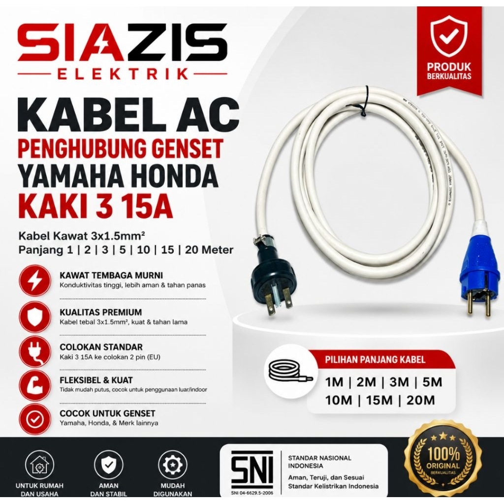 Kabel AC power Genset generator mesin Genset honda Yamaha Steker Colokan 3kaki Penghubung mesin Gene