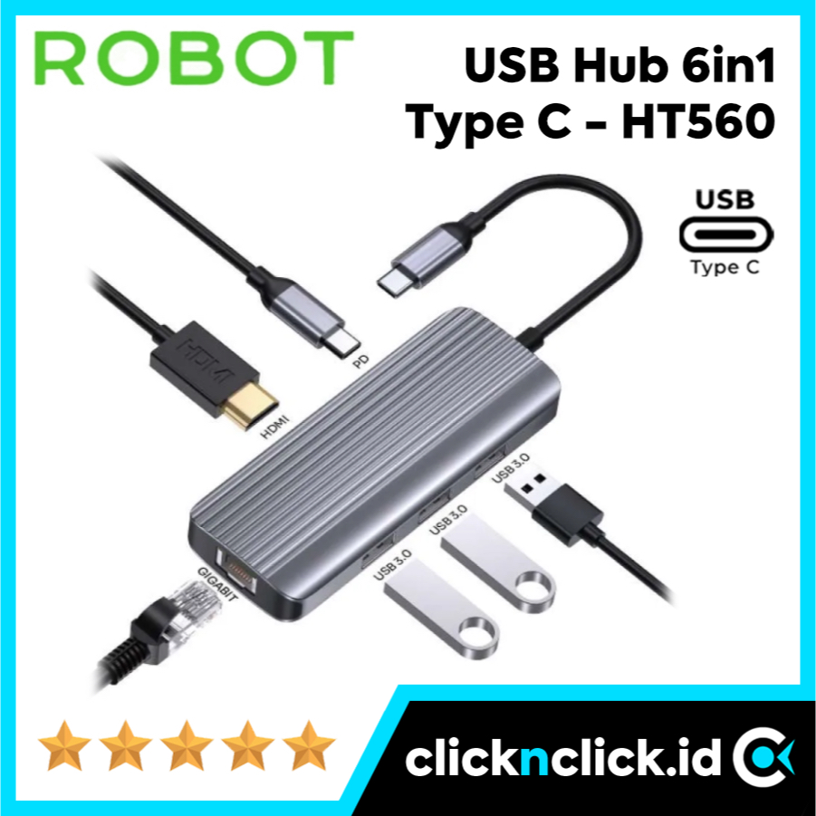 ROBOT HT560 6in1 - USB Hub Type C to HDMI 3x USB3.0 PD LAN RJ45 Wifi MacBook Adapter Dongle Splitter
