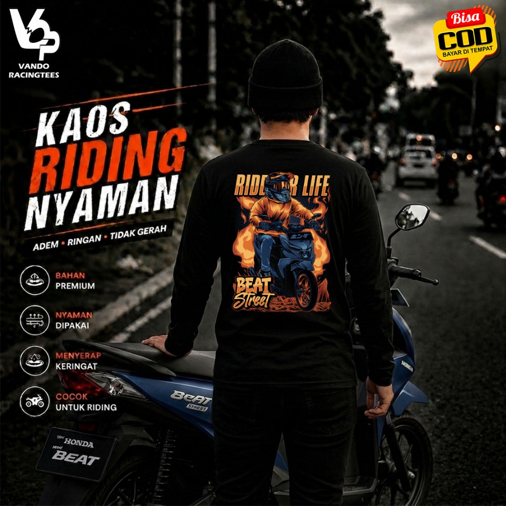 Kaos Motor Beat Street Racing Pria Lengan Panjang Katun Combed 30s Kaos Distro Rider Touring
