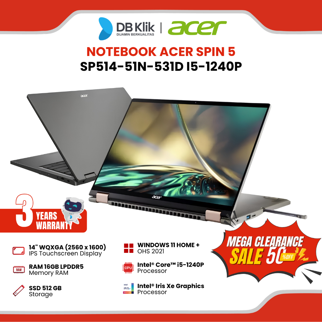 Acer Notebook Spin 5 Sp514-51N-531D I5-1240P 16/512 Win11+Ohs 14 Ips