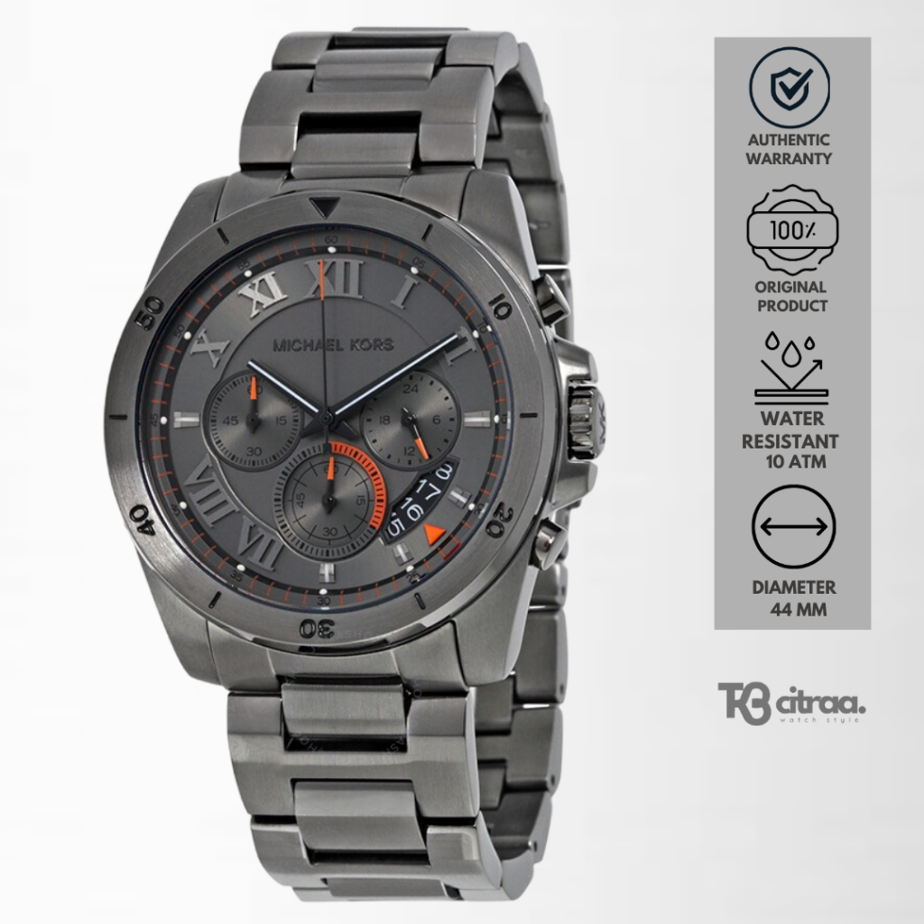 Jam Tangan Pria Michael Kors Brecken Chronograph Grey Stainless Steel Mewah Sporty Original MK8465