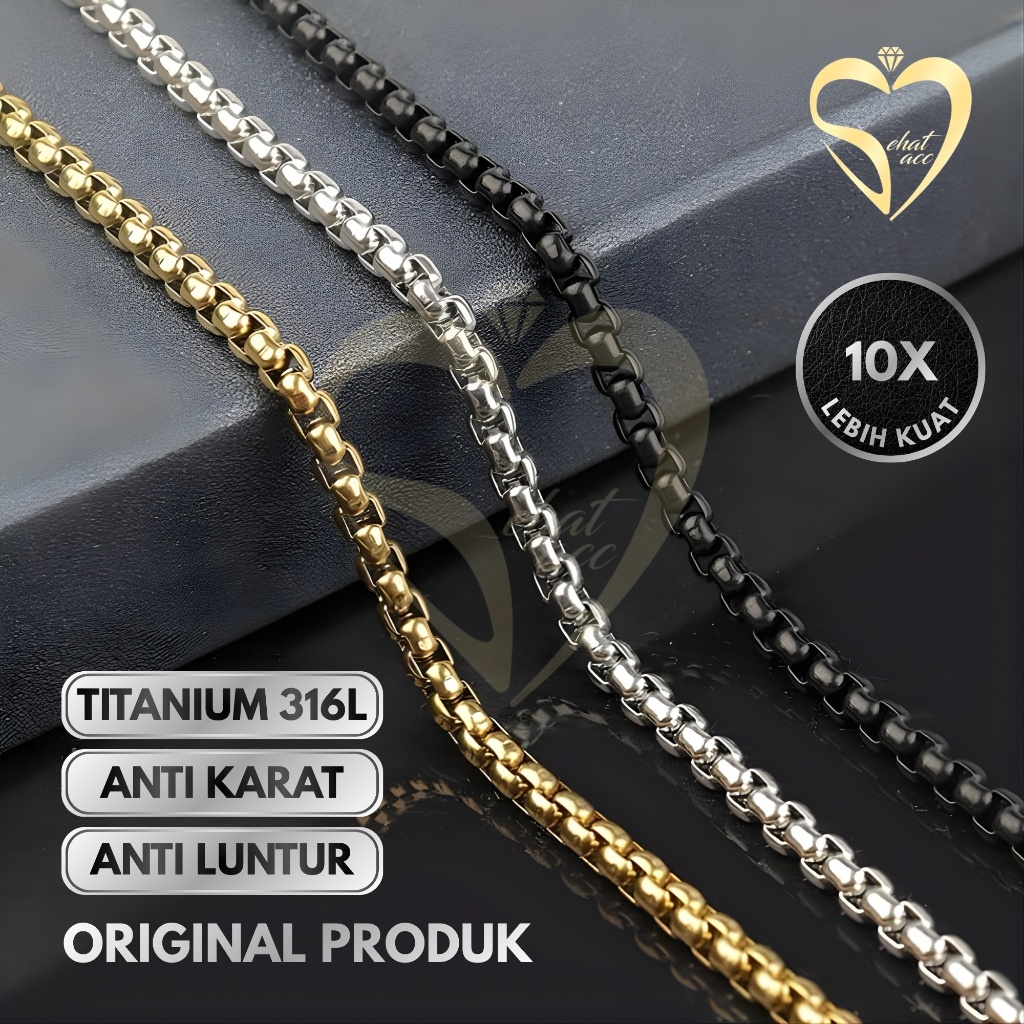 Kalung Rantai Titanium MCI Rolo Kesehatan Pria Wanita Gold Silver Hitam Anti Karat Anti Luntur Emas