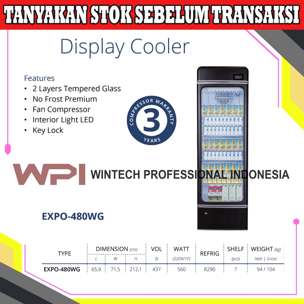 Gea EXPO-480WG Showcase 1 Pintu - Display Cooler - Lemari Kaca Berpendingin - Kulkas Kaca - Tempat P