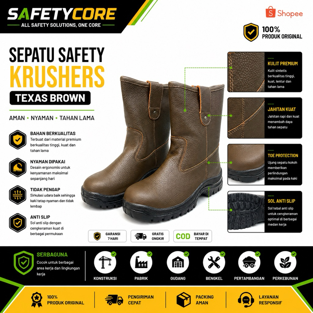 Sepatu Safety Krushers Texas Brown- Safety Krushers Texas Brown Original 100%