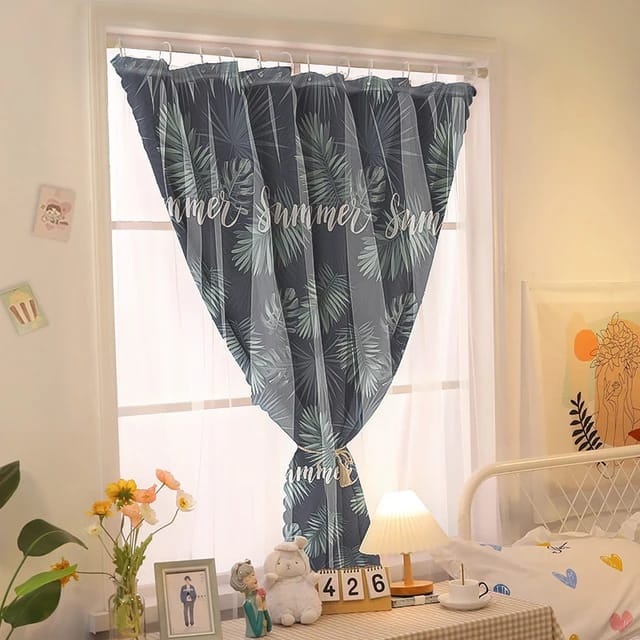 Tirai Ring Hook Jendela Kamar Ruang Tamu Motif Daun Strawberry Desain Aesthetic Jatuh Rapi Mudah Dip