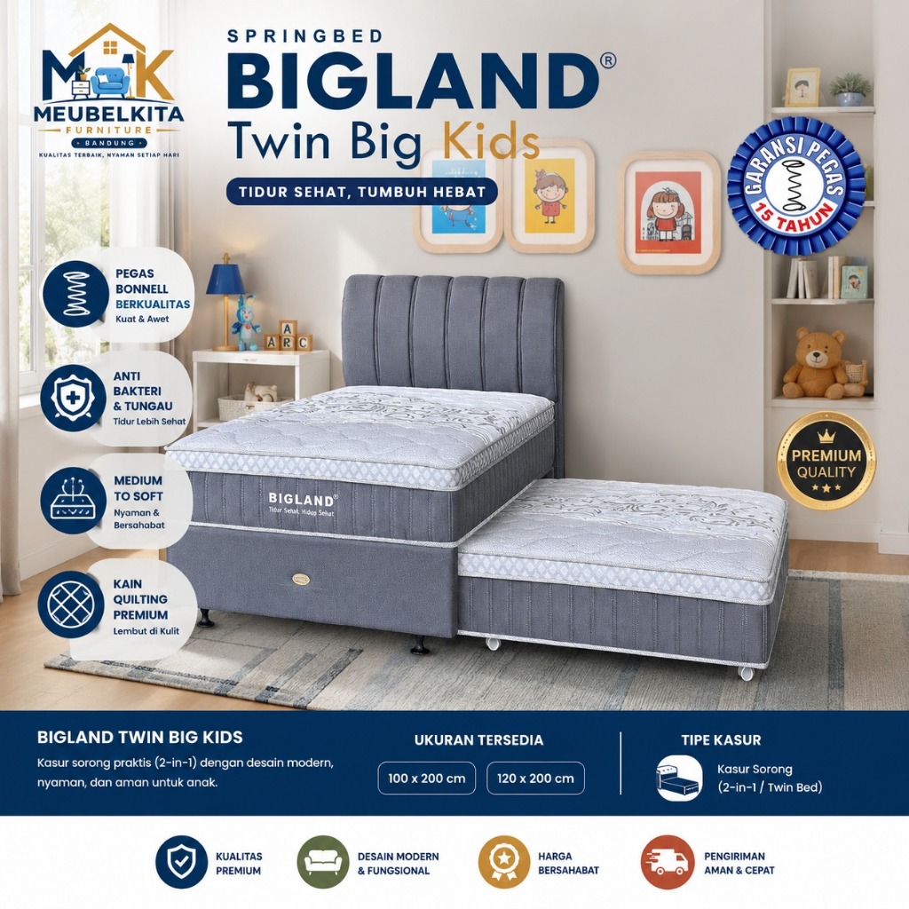BIGLAND Twin Big Kids Springbed Sorong 2in1 Kasur Anak Premium Bonnell Garansi 15 Tahun