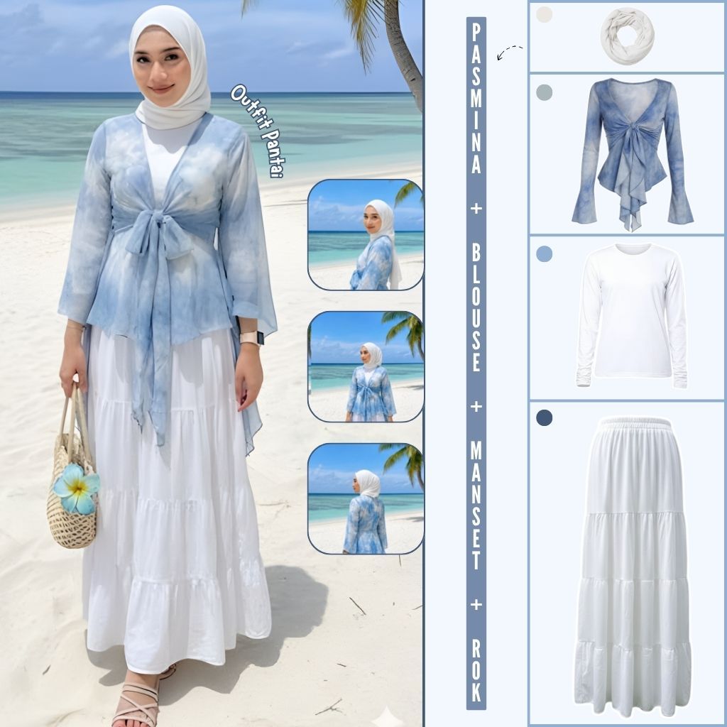 Baju Setelan Cewek Kekinian Terbaru | Fairy Blue | Outer Tiedye + Rok Susun + Manset + Hijab | Outif