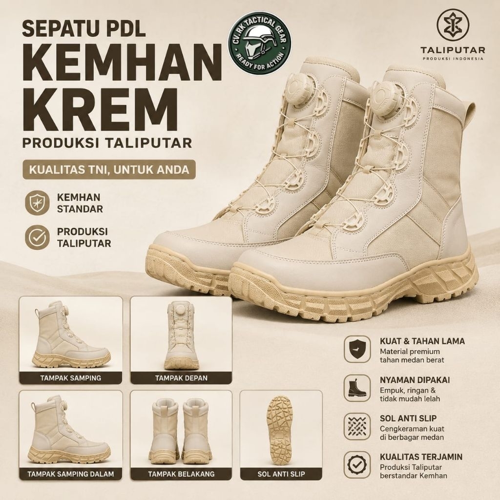 Sepatu PDL Krem Taliputar Boa System Bahan kulit asli / Sepatu PDL KEMHAN POLPP BPBD Kualitas Bagus 