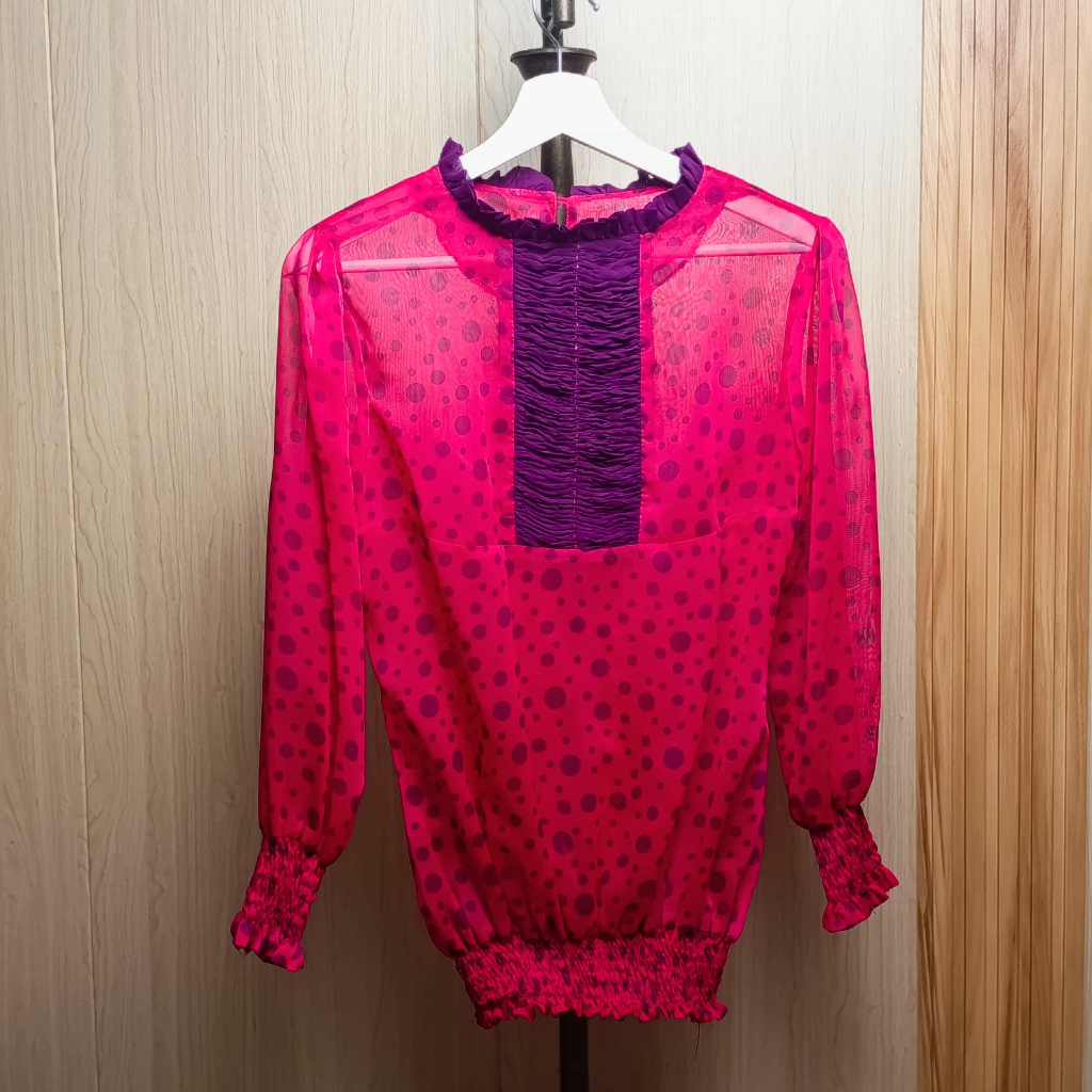 Blouse Wanita Polka Dot Fuschia Retro