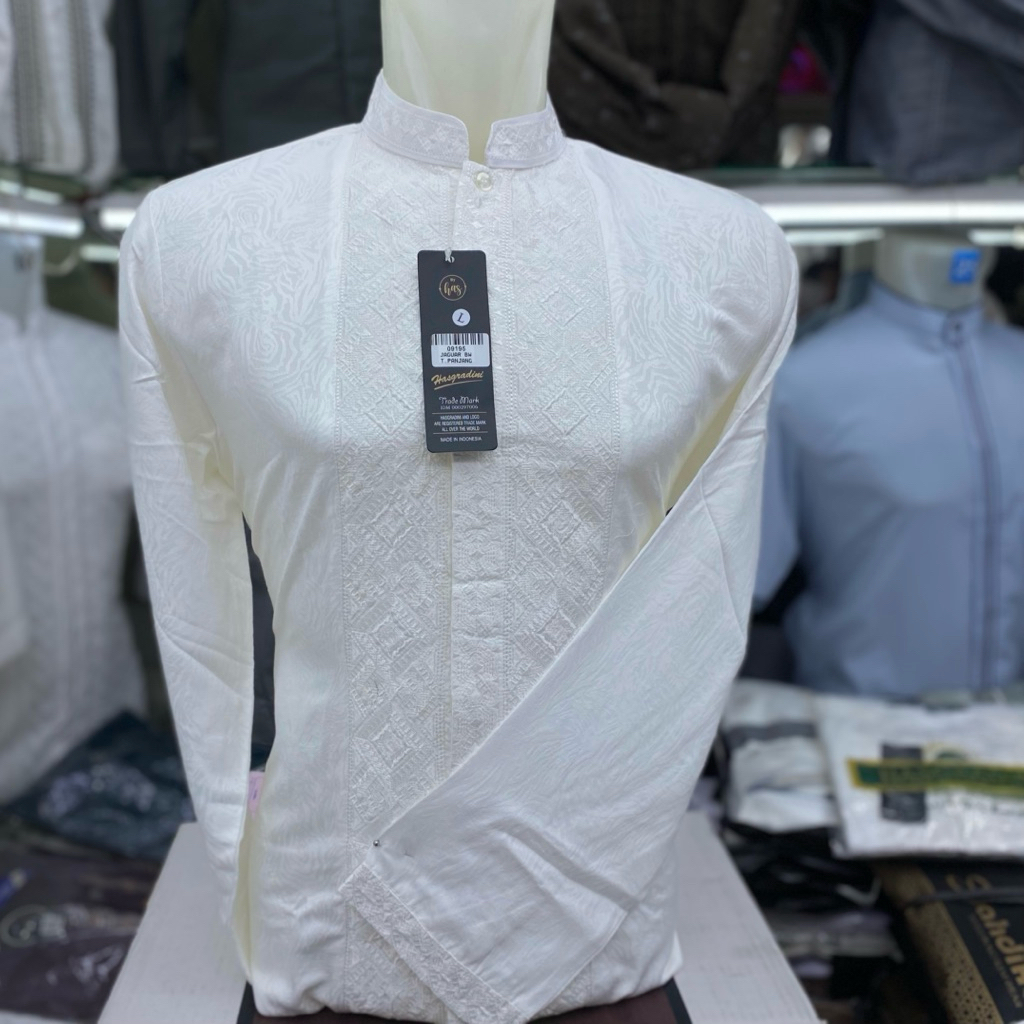 BAJU KOKO HASGRADINI BORDIR PUTIH JAHITAN RAPI/BAJU KOKO KATUN JACGUARD PUTIH TULANG/BAJU KOKO PUTIH