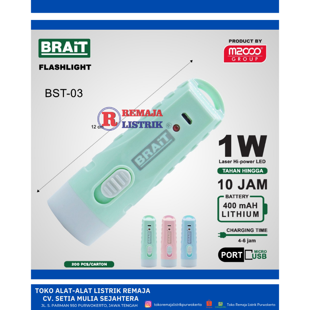 Senter Tangan Emergency LED Rechargerable 1W Cahaya Putih BST - 003 Brait M2000