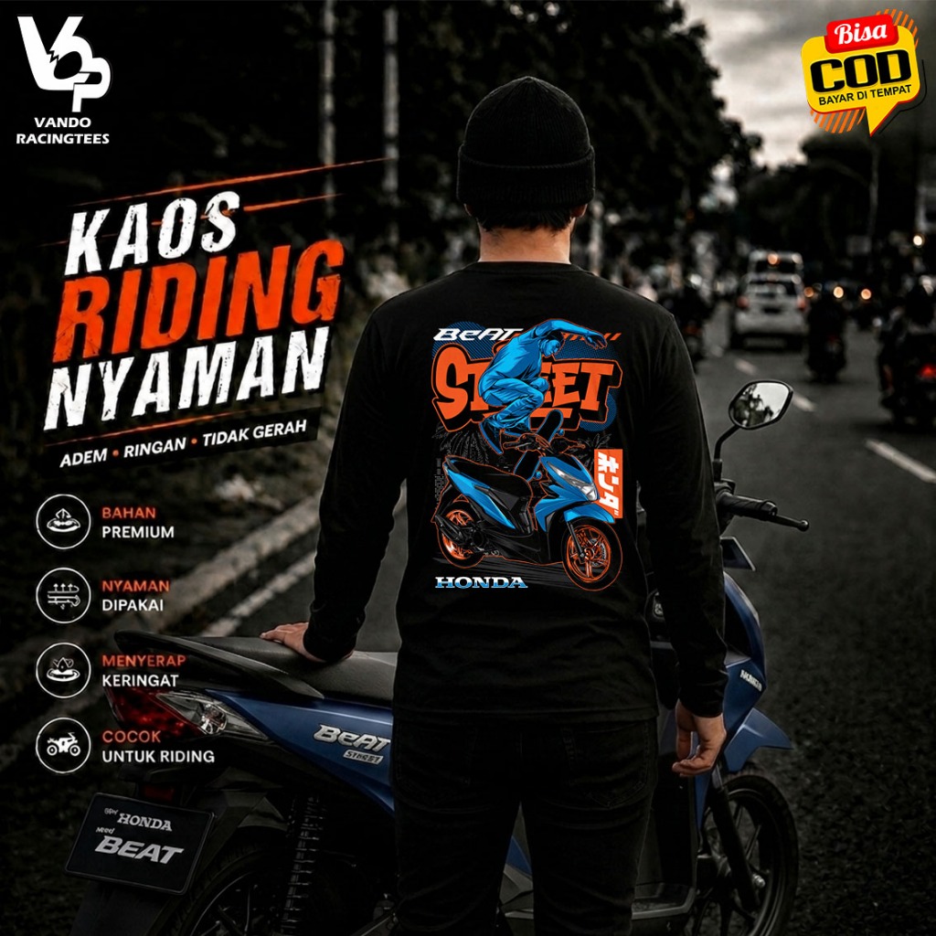 Kaos Motor Beat Street Skater Pria Lengan Panjang Katun Combed 30s Kaos Distro Rider Touring