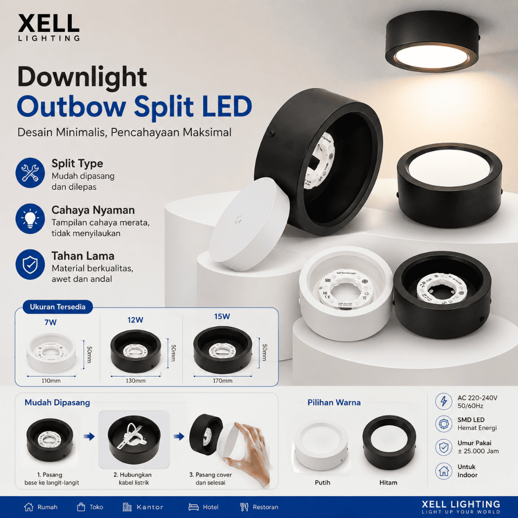 Lampu Downlight LED Outbow Split LED 7W 12W 15W Copot Pasang Putih Kuning Split LED Downlight Outbow