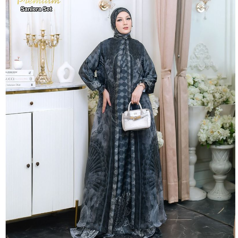 SANLERA | Gamis Syari Wanita Set Outer Panjang Motif Floral Mewah Muslimah Elegan Daily