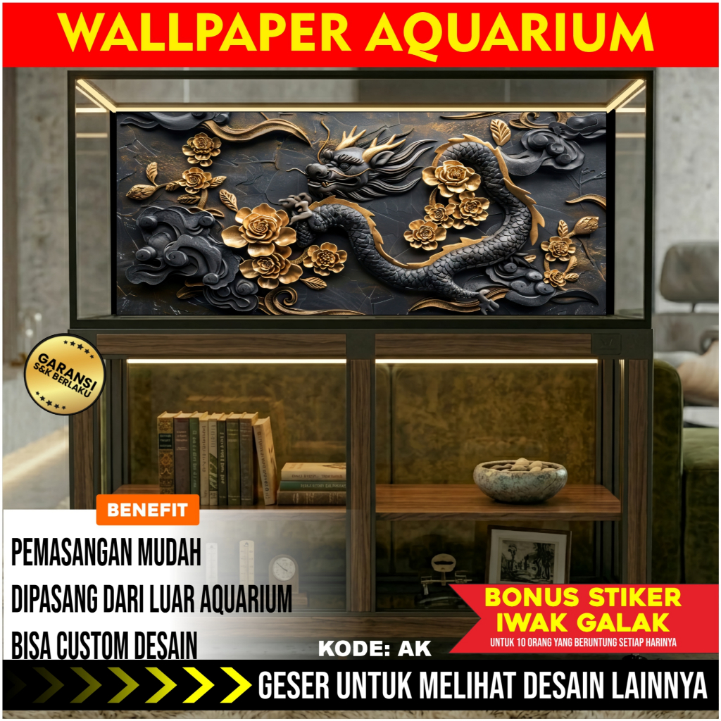 sticker wallpaper background aquascape aquarium belakang NEW tema naga dragon gold AK