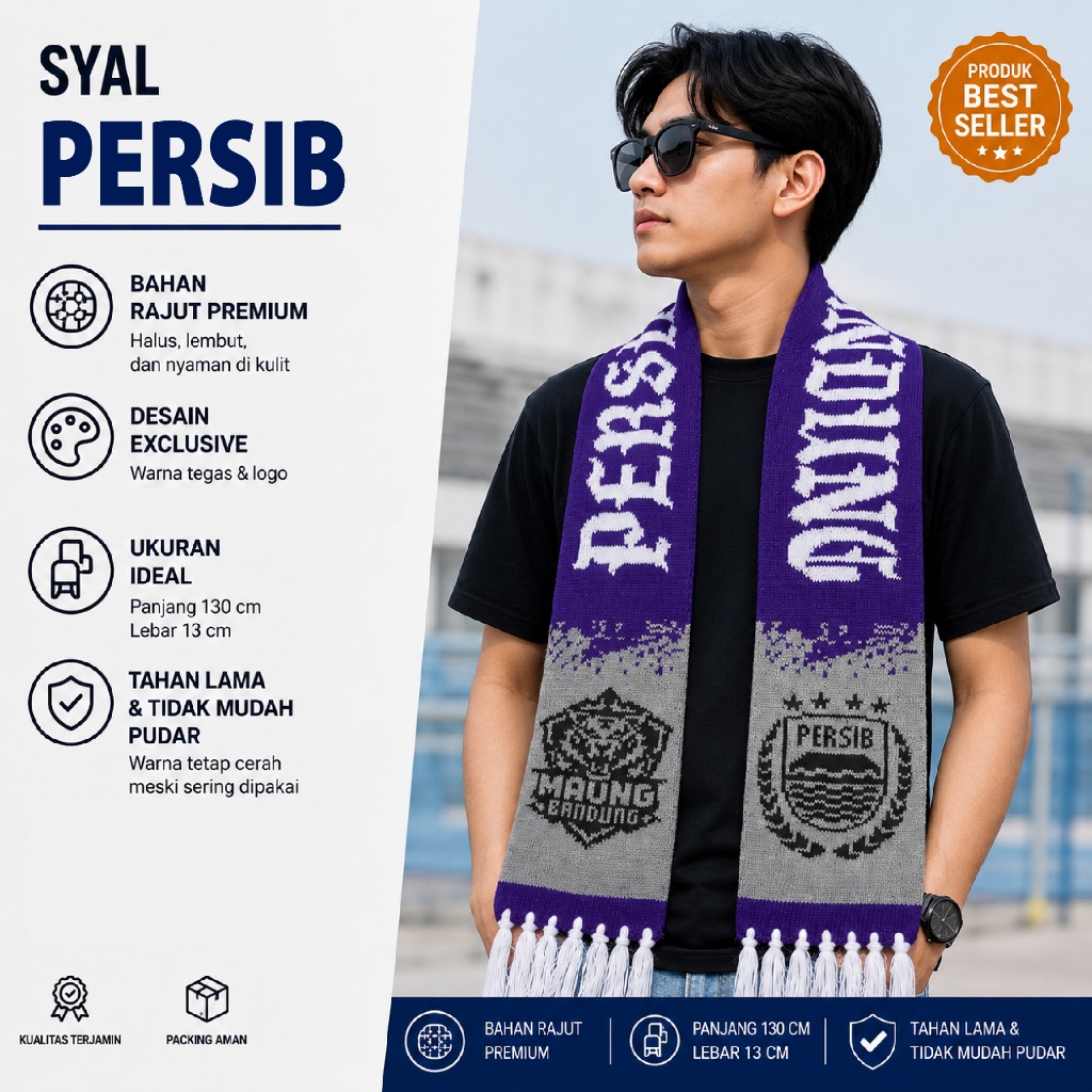 Syal Persib Rajut Premium 130cm | Syal Bola Bobotoh Bandung | Syal Supporter Persib Original Rajut T