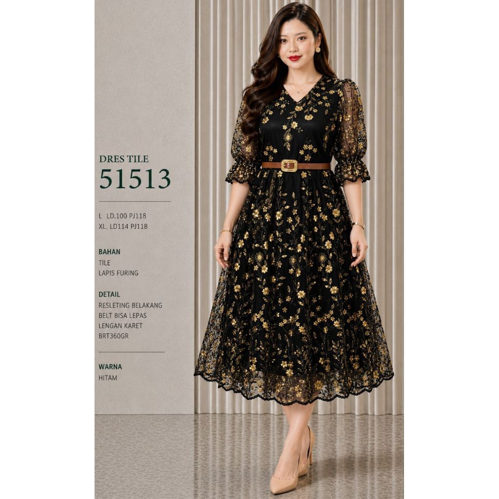 51513 DRES TILE L-XL MOTIF BUNGA / DRES PESTA TILE/ GAUN PESTA