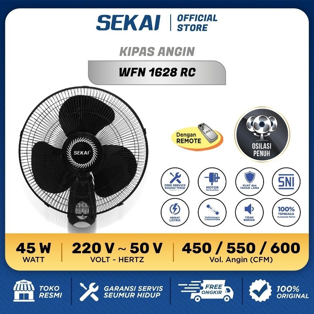 Wall Fan Sekai WFN 1628 RC Kipas Angin Dinding WFN-1628 R Kipas Angin Tempel 16 inch WFN1628RC