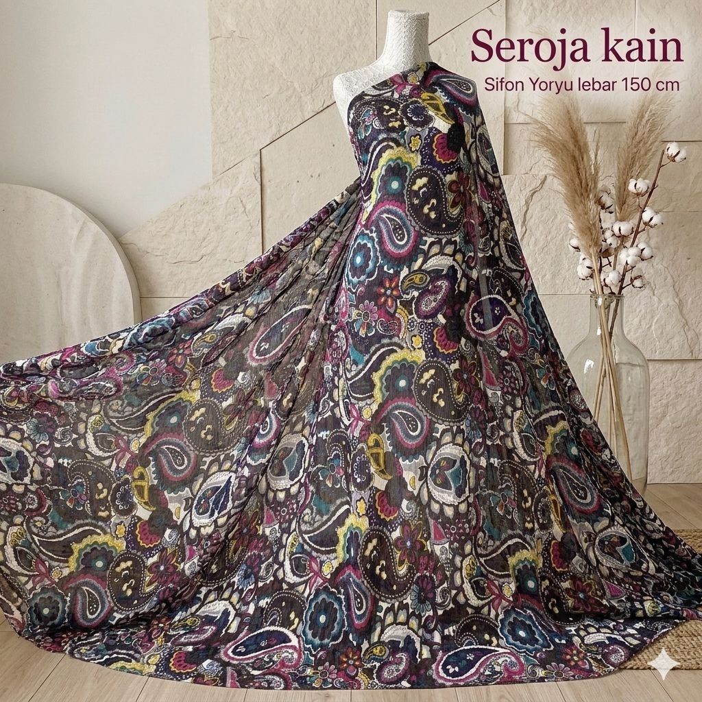 Kain Ceruty Yoryu Motif Paisley - Bahan Gamis & Hijab Meteran - anst