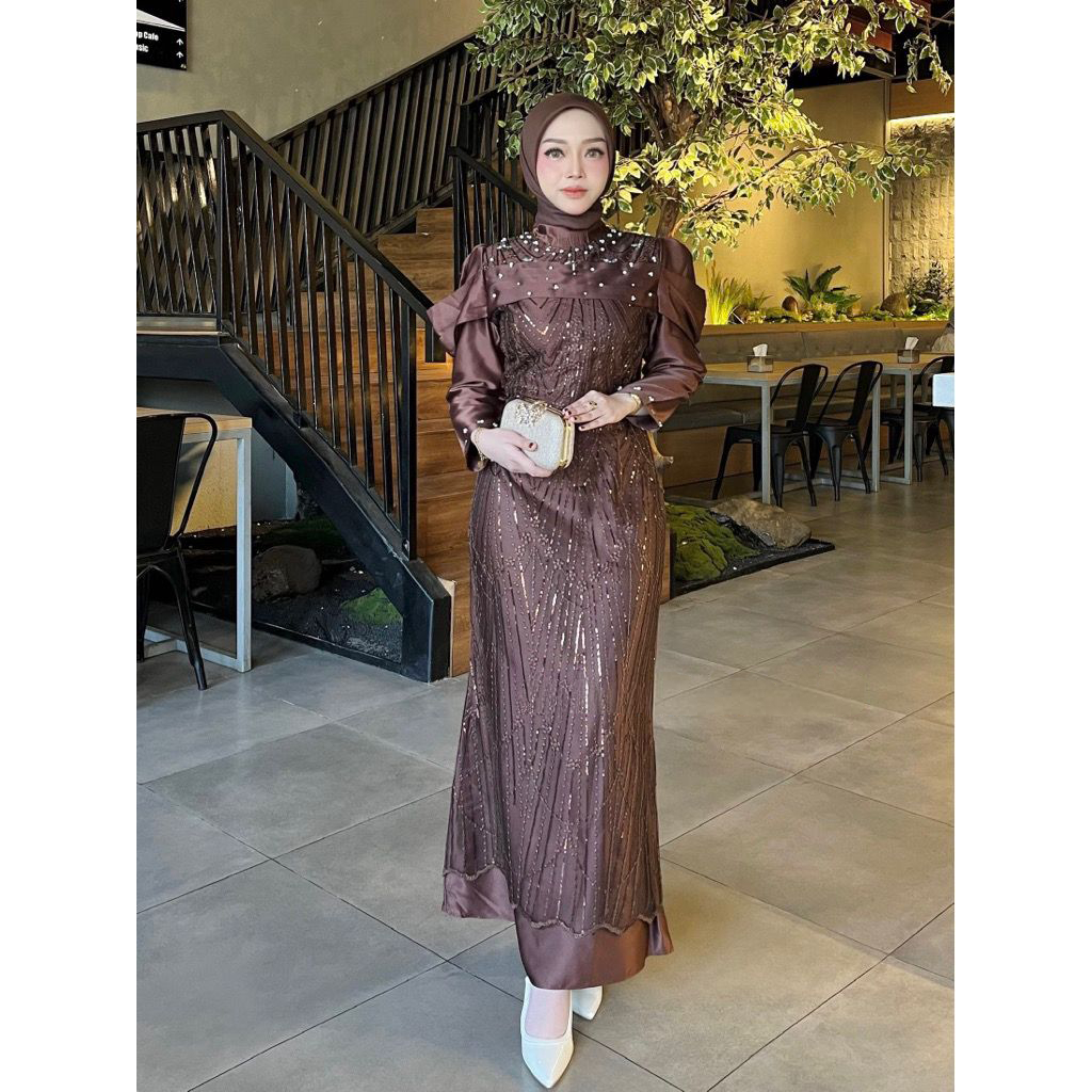Diandra Dress Gamis Pesta Kondangan Payet Press Body Simpel Elegan Warna Mahogany