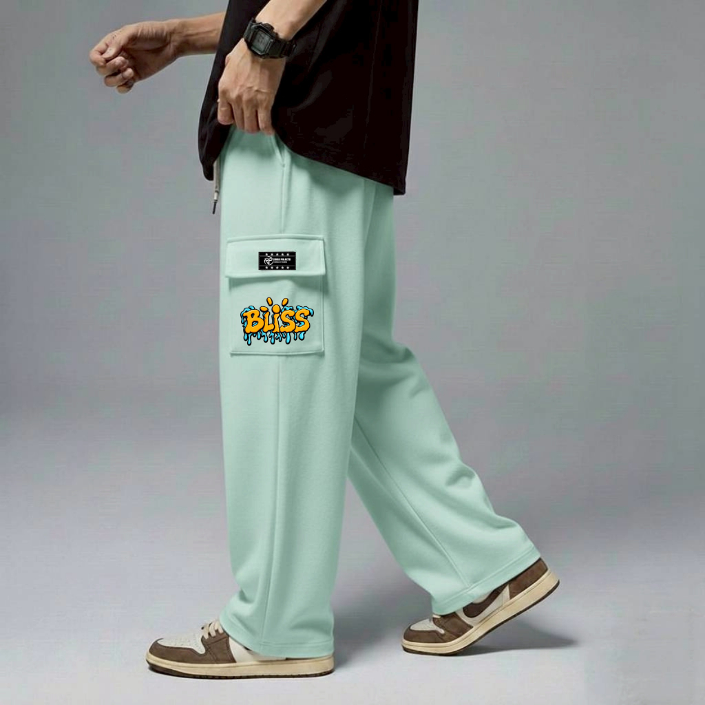 Celana panjang Cargo Pria korean Style celana Kulot Pinggang Karet Warna Hijau Mint Sablon Bliss Kar