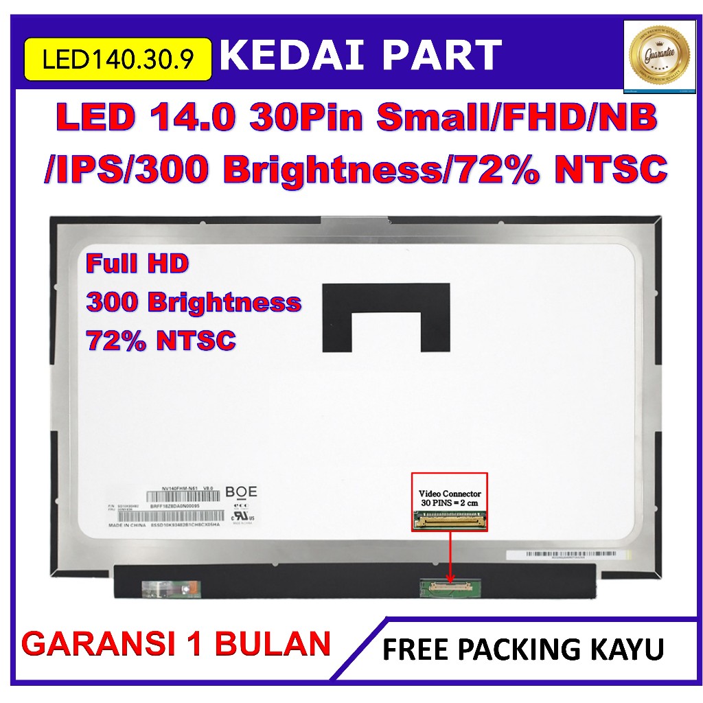 LCD LED 14.0 14 Inch 30 Pin 30pin Small Narrow IPS FHD Full HD 300cd 72% NTSC No Bracket Kuping Baut